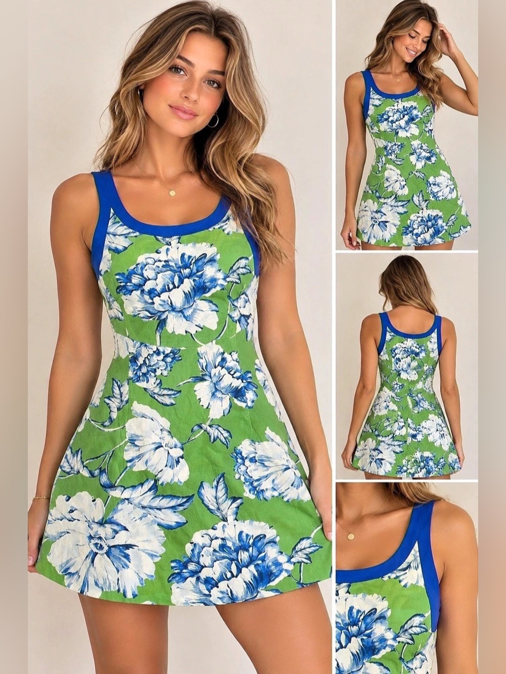 OLIVIACEOUS Floral Mini Dress in Green & Blue -Size L